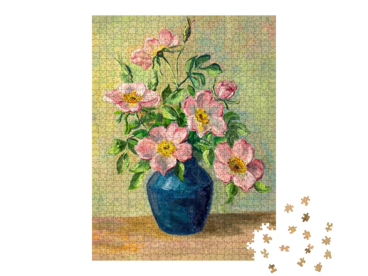 Puzzle 1000 Teile „Vintage-Ölgemälde mit Blumen in einer blauen Vase“