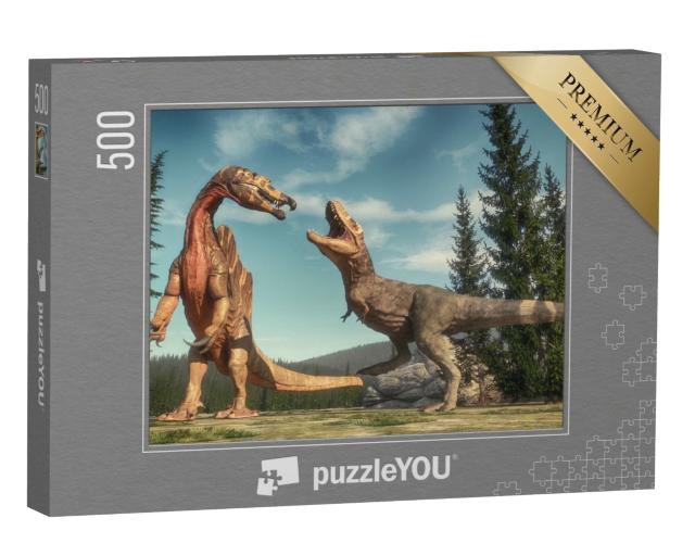 Puzzle 500 Teile „Kampf zwischen Spinosaurus und T Rex auf dem Jurassic Valley“