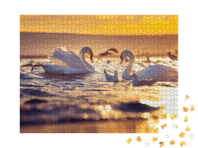 Puzzle 1000 Teile „Weiße Schwäne und Möwen im Sonnenaufgang“