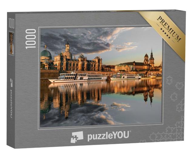 Puzzle 1000 Teile „Dresdner Stadtsilhouette an der Elbe und Augustusbrücke bei Sonnenuntergang“