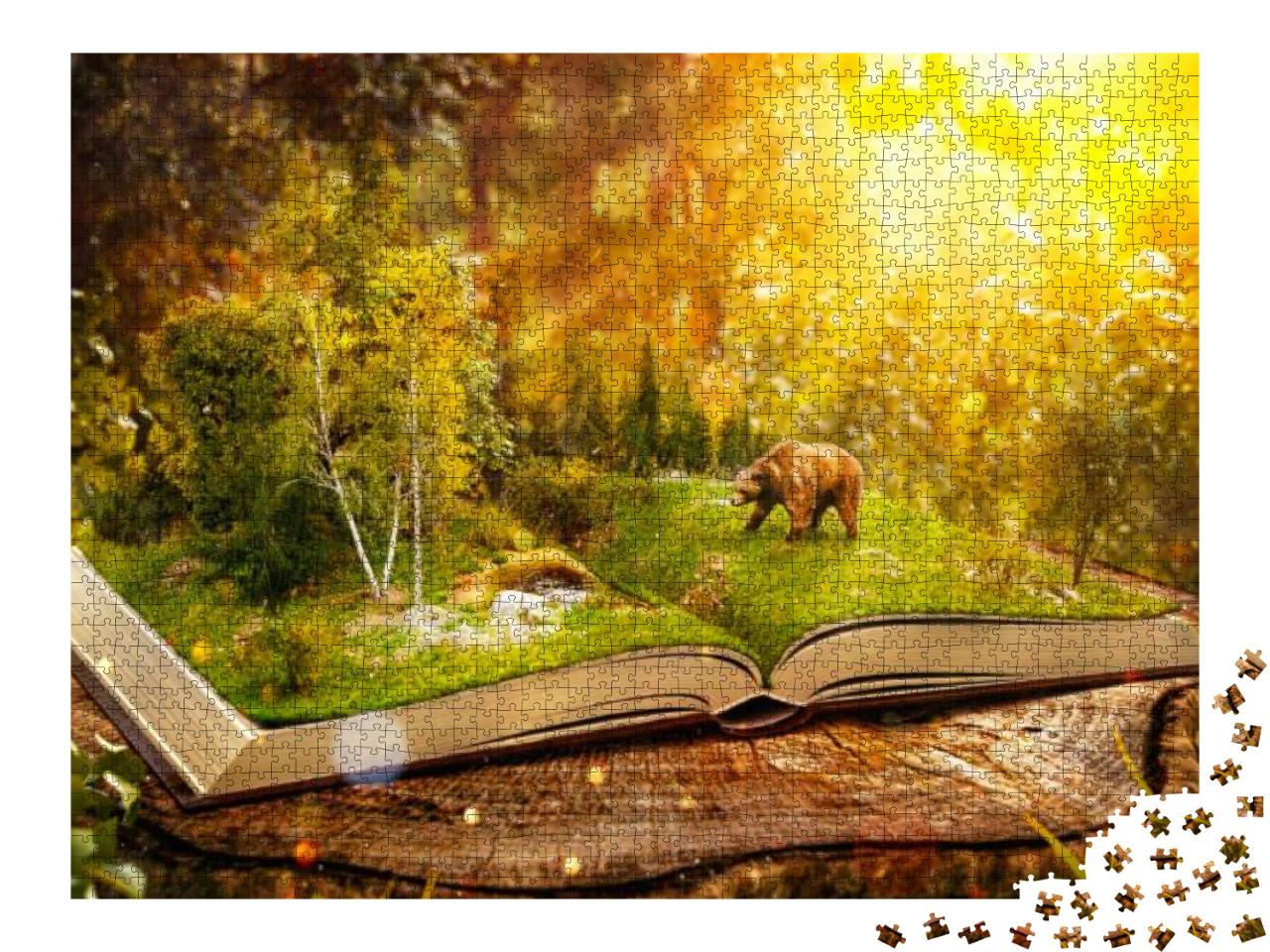 Puzzle 2000 Teile „Fantasy-Illustration: Aufgeschlagenes Buch mit wildem Wald und Bär“