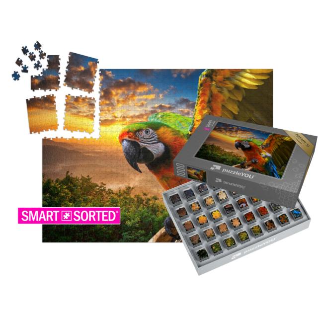 SMART SORTED® | Puzzle 1000 Teile „Prächtige Farben der Natur: Ara im Sonnenuntergang“