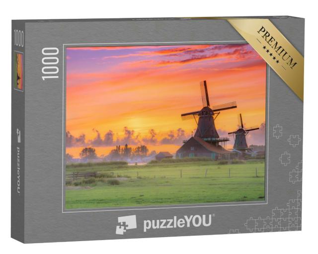 Puzzle 1000 Teile „Windmühlen im Sonnenuntergang, Niederlande“