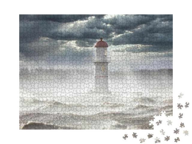 Puzzle 1000 Teile „Leuchtturm unter dunklen Wolken “