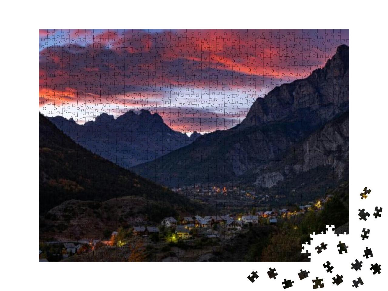 Puzzle 1000 Teile „Sonnenuntergang über dem Mont Pelvoux, Nationalpark Ecrins, Französische Alpen“