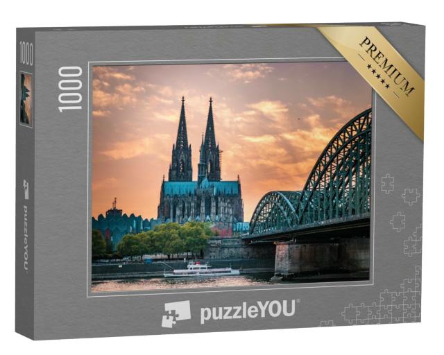 Puzzle 1000 Teile „Kölner Dom und Hohenzollernbrücke in Köln am Abend“