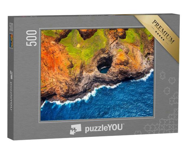 Puzzle 500 Teile „Luftaufnahme der Na-Pali-Küste mit offener Höhle, Kauai, Hawaii“