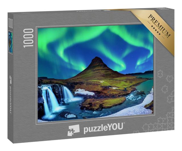 Puzzle 1000 Teile „Nordlicht, Aurora borealis bei Kirkjufell in Island“