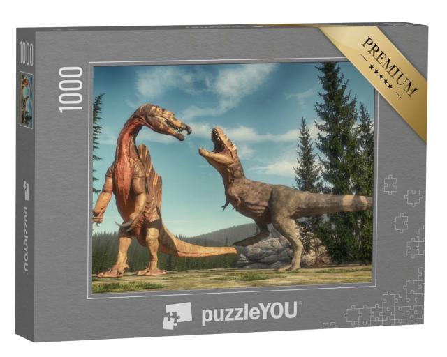 Puzzle 1000 Teile „Kampf zwischen Spinosaurus und T Rex auf dem Jurassic Valley“