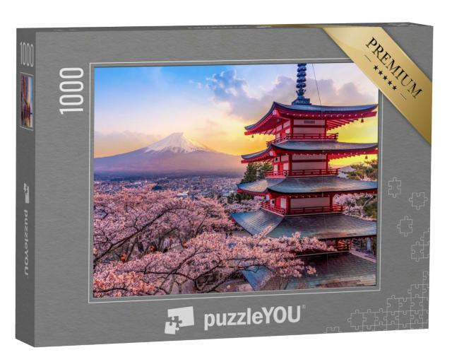 Puzzle 1000 Teile „Kirschblüte am Berg Fuji und die Chureito-Pagode bei Sonnenuntergang, Japan“