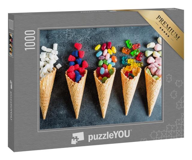 Puzzle 1000 Teile „Waffeltüten mit bunten Süßigkeiten im Sommer“
