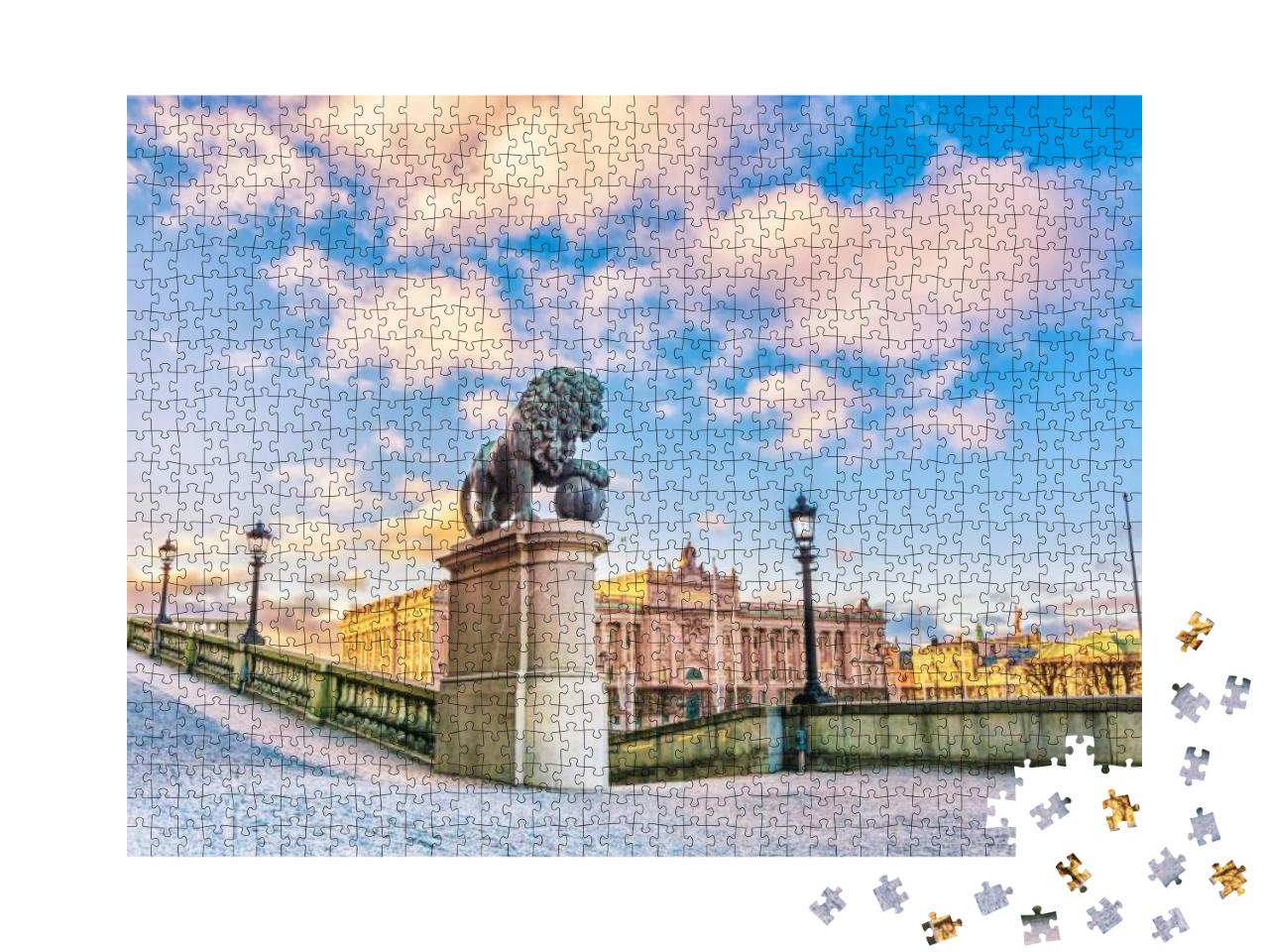 Puzzle 1000 Teile „Skulpturen von Löwen in der Nähe der Haupttreppe des Königspalasts, Stockholm“