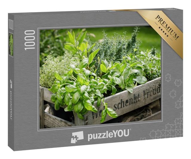 Puzzle 1000 Teile „Holzkiste mit einer Vielzahl frischer, grüner Küchenkräuter“