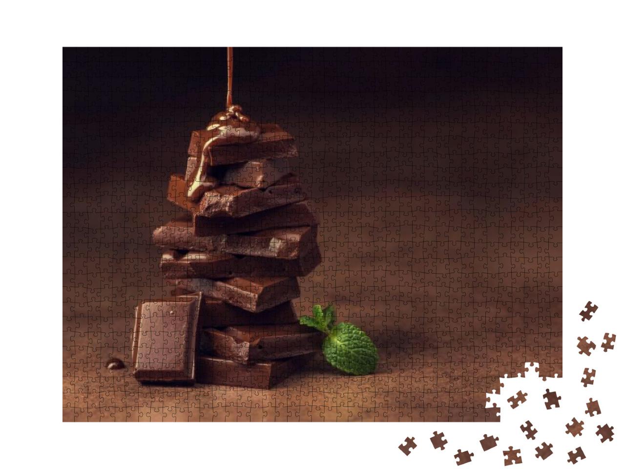 Puzzle 1000 Teile „Geschmolzene Schokolade über Schokostückchen“