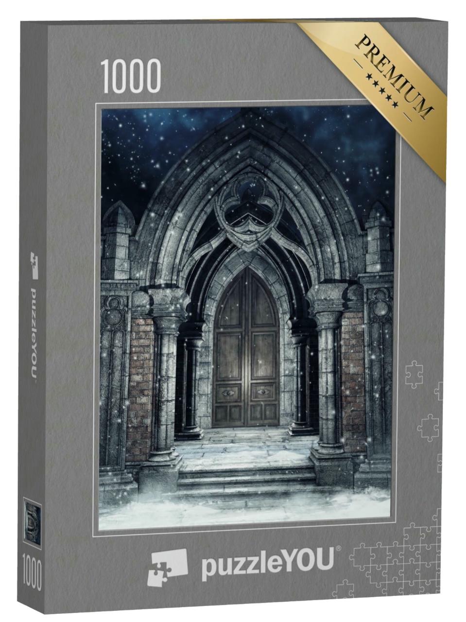 Puzzle 1000 Teile „Verschneite Szene mit einem gotischen Steintor bei Nacht“