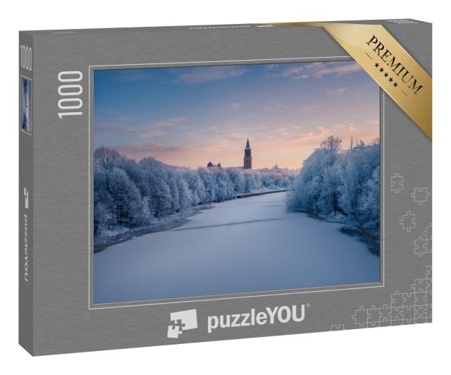 Puzzle 1000 Teile „Wunderschöne Winterlandschaft am gefrorenen Aurajoki Fluss, Turku, Finnland“
