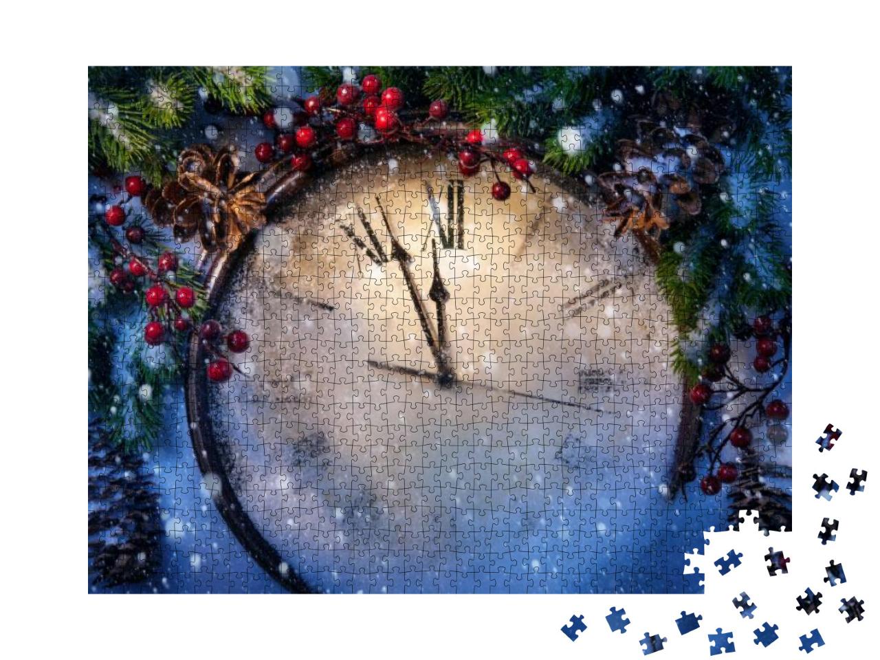 Puzzle 1000 Teile „Uhr und Tannenzweige mit Schnee bedeckt“
