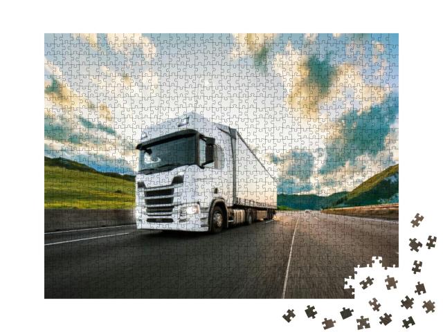 Puzzle 1000 Teile „LKW mit Container auf der Autobahn“