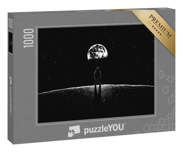 Puzzle 1000 Teile „Schwarz-Weiß: Astronaut blickt vom Mond auf die Erde“