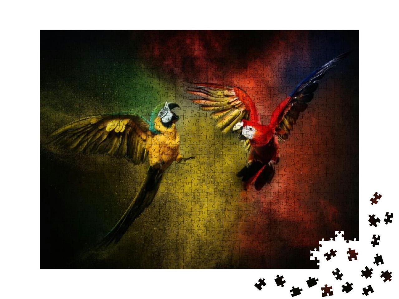 Puzzle 1000 Teile „Zwei Papageien kämpfen gegen eine bunte Pulverexplosion“