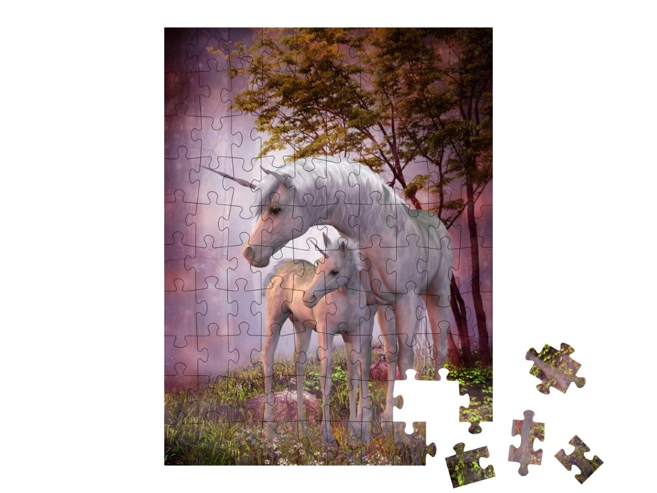 Puzzle 100 Teile „Einhornstute und Fohlen im magischen Wald“