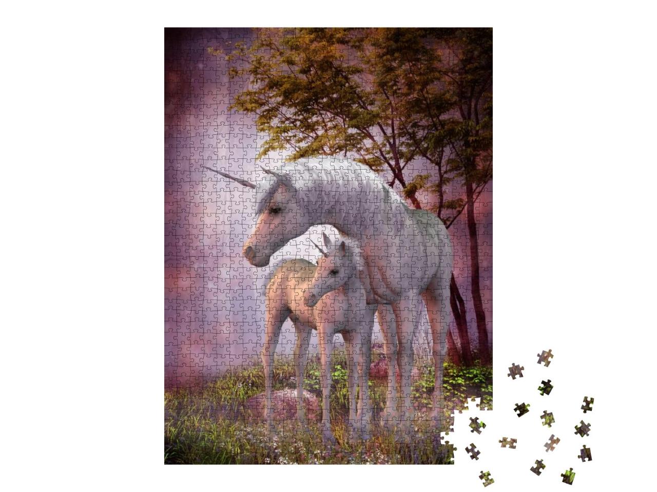Puzzle 1000 Teile „Einhornstute und Fohlen im magischen Wald“