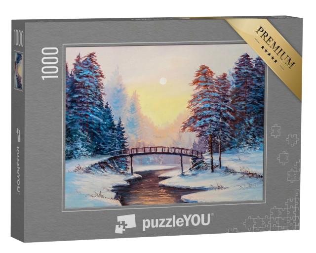 Puzzle 1000 Teile „Winterlandschaft mit Fluss, Original-Ölgemälde“
