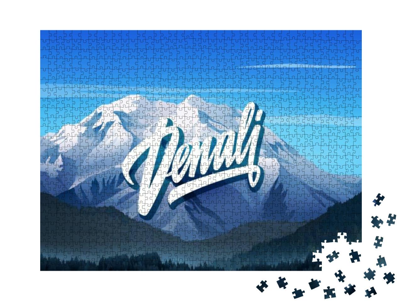 Puzzle 1000 Teile „Denali-Schriftzug mit Bergen und Bäumen, Mount McKinley, Alaska“