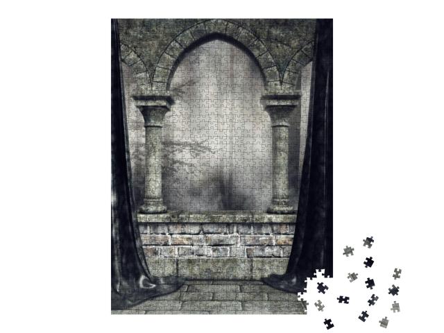 Puzzle 1000 Teile „Alter Steinbogen mit schwarzen Vorhängen“
