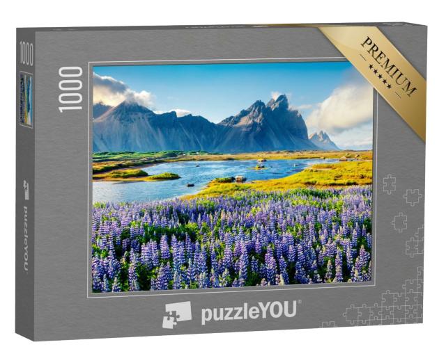 Puzzle 1000 Teile „Blühende Lupinen am Vestrahorn, isländische Küste“