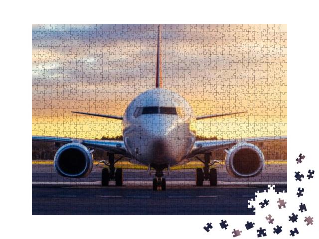 Puzzle 1000 Teile „Flugzeug, bereit zum Start in den Sonnenuntergang“
