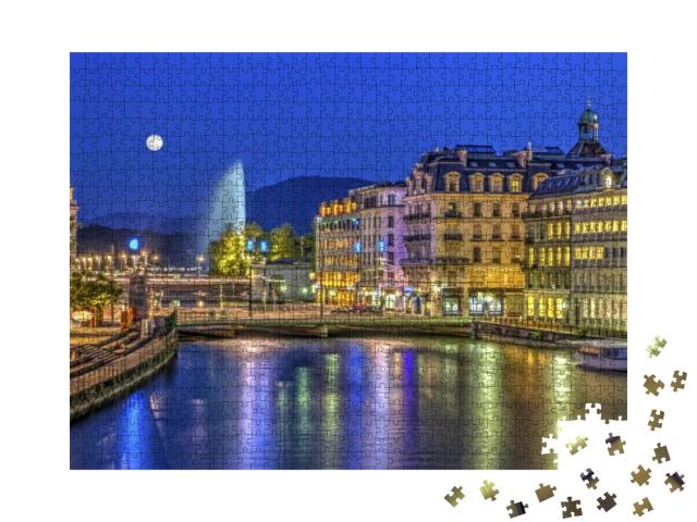 Puzzle 1000 Teile „Stadtansicht mit berühmtem Springbrunnen bei Nacht, Genf, Schweiz“