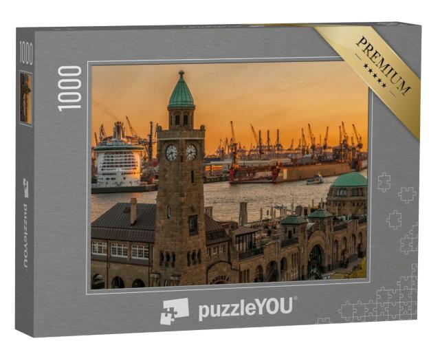 Puzzle 1000 Teile „Sonnenuntergang über den Landungsbrücken und dem Hafen in Hamburg“