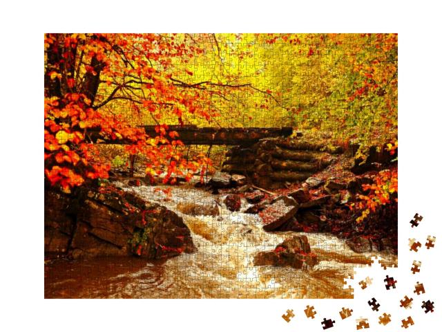 Puzzle 1000 Teile „Wunderschöne Herbstlandschaft am Bach im Wald“
