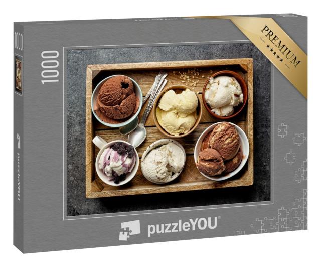 Puzzle 1000 Teile „Verschiedenen Eissorten, servierfertig auf einem Tablett“
