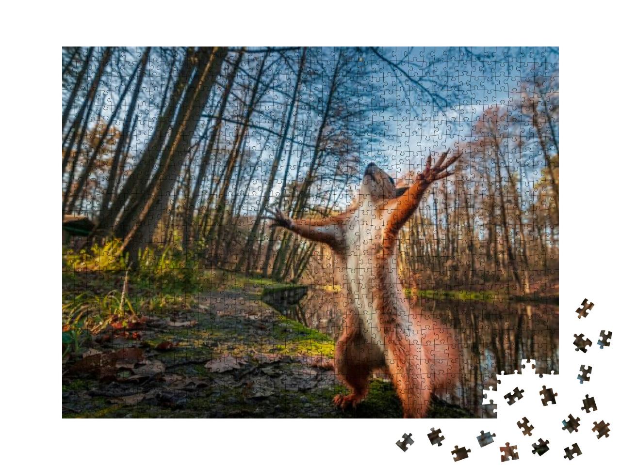 Puzzle 1000 Teile „Lustiges rotes Eichhörnchen posiert im Wald “