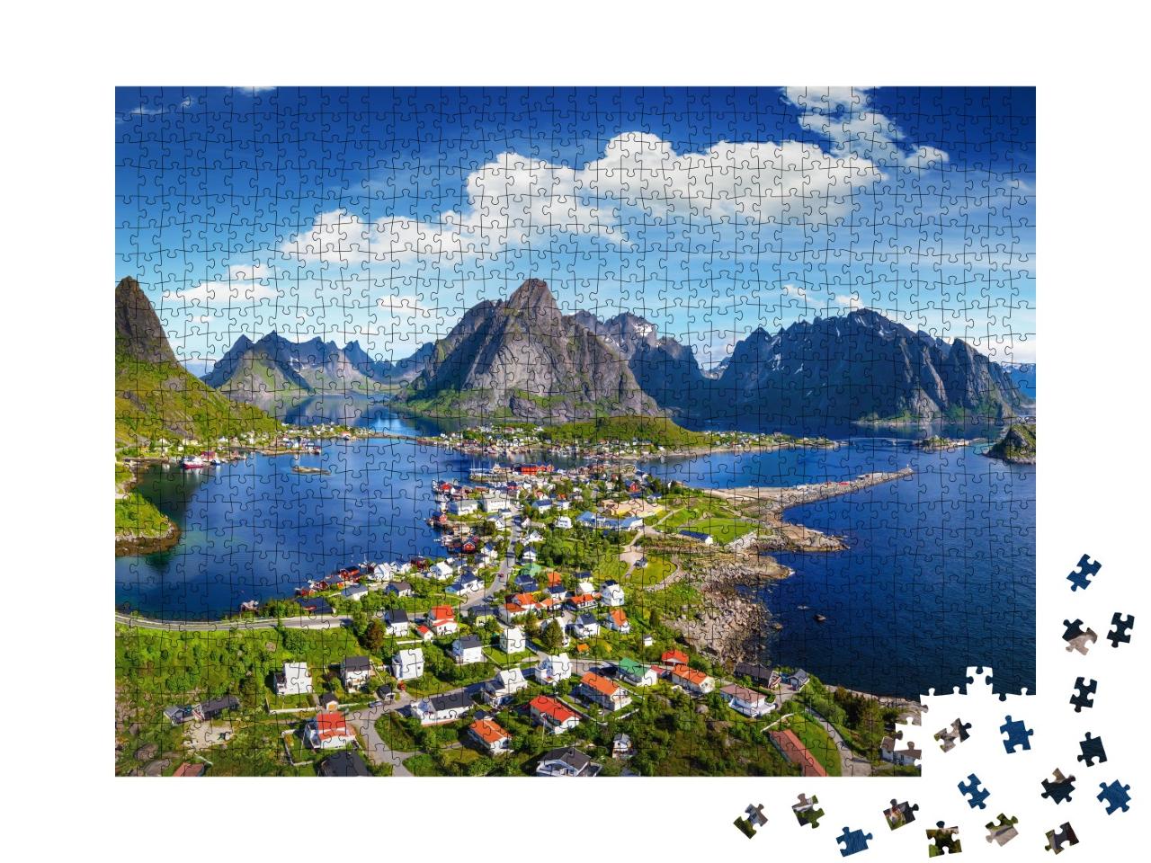 Puzzle 1000 Teile „Dorf Reine unter einem sonnigen, blauen Himmel, Lofoten, Norwegen“