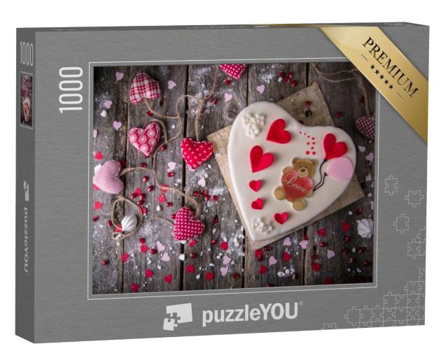 Puzzle 1000 Teile „Ein liebevoll dekorierter Kuchen in Herzform“