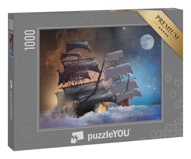 Puzzle 1000 Teile „Illustration: Piratenschiff in einer nächtlichen Seeschlacht“