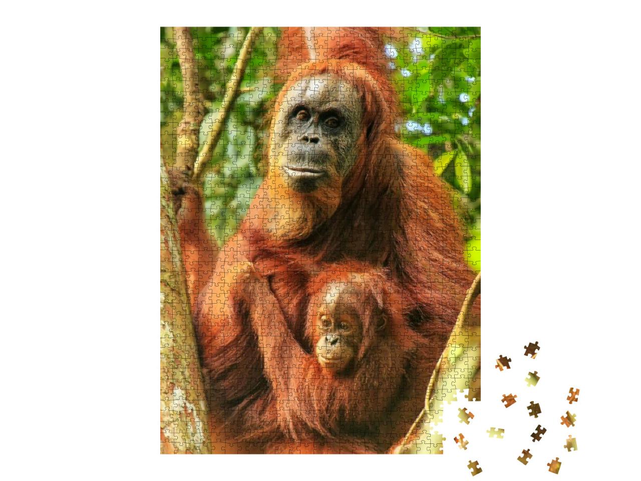 Puzzle 1000 Teile „Weiblicher Sumatra-Orang-Utan mit einem Baby, Indonesien“