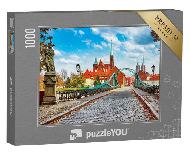 Puzzle 1000 Teile „Breslau: grüne Brücke mit Blick auf St. Johannes, Dominsel, Polen“