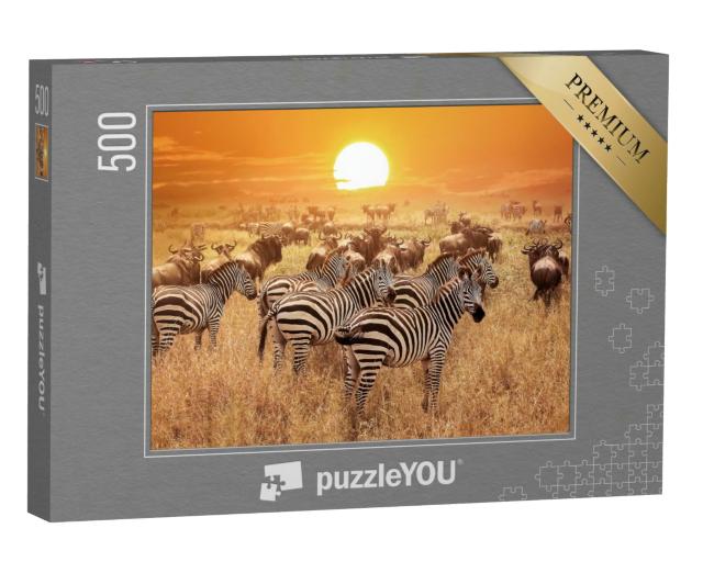Puzzle 500 Teile „Zebra bei Sonnenuntergang im Serengeti-Nationalpark, Afrika, Tansania“