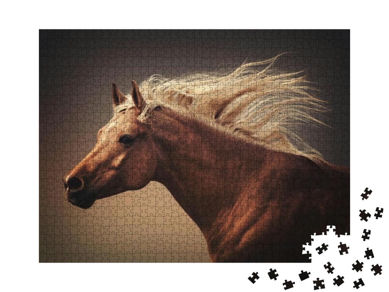Puzzle 1000 Teile „Pferd mit fliegender Mähne im Staub des Galopps“