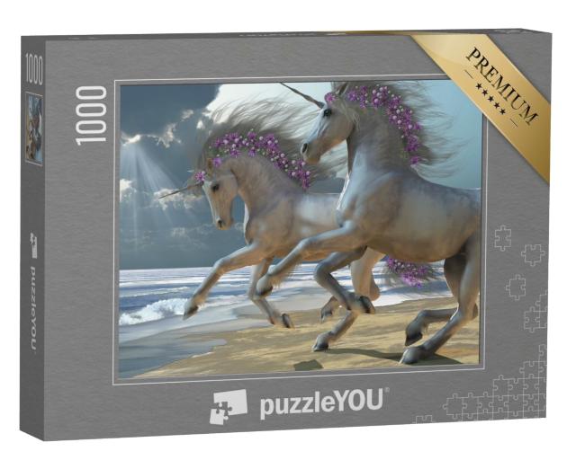 Puzzle 1000 Teile „Zwei wunderschöne weiße Einhörner tummeln sich am Strand“