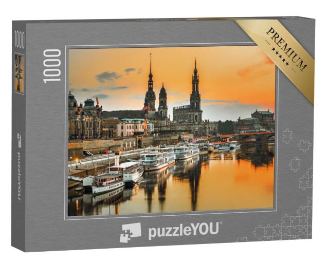 Puzzle 1000 Teile „Dresdner Skyline an der Elbe im Sonnenuntergang, Deutschland“