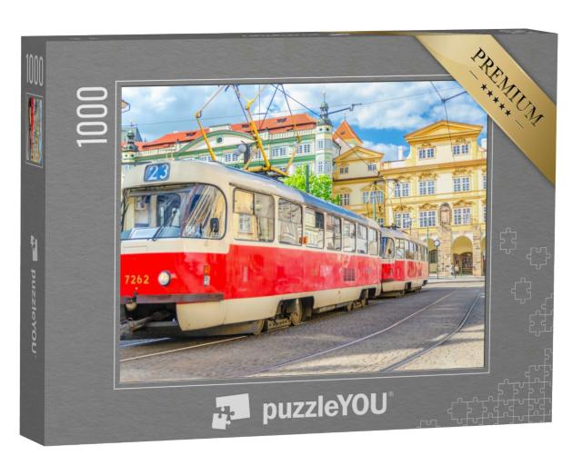 Puzzle 1000 Teile „Retro-Straßenbahn auf Schienen in den Straßen von Prag“