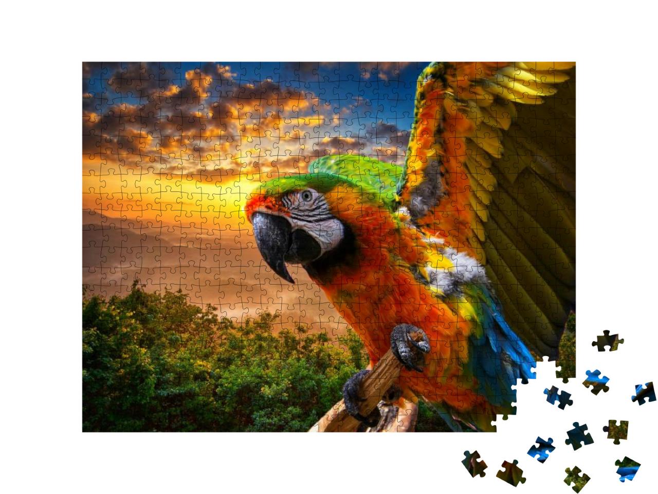 Puzzle 500 Teile „Prächtige Farben der Natur: Ara im Sonnenuntergang“
