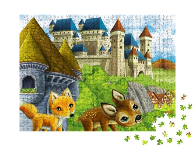 Puzzle 1000 Teile „Kleiner Fuchs und kleines Reh auf dem Weg zum Schloss“