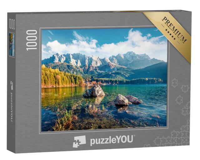 Puzzle 1000 Teile „Sonniger Abend am Eibsee in den bayerischen Alpen“