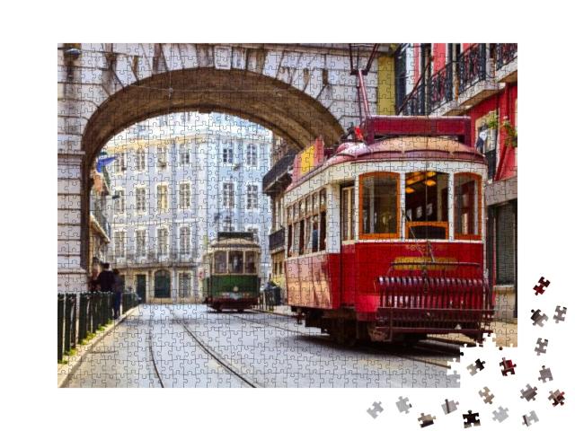 Puzzle 1000 Teile „Retro-Straßenbahn im Alfama-Viertel, Lissabon“